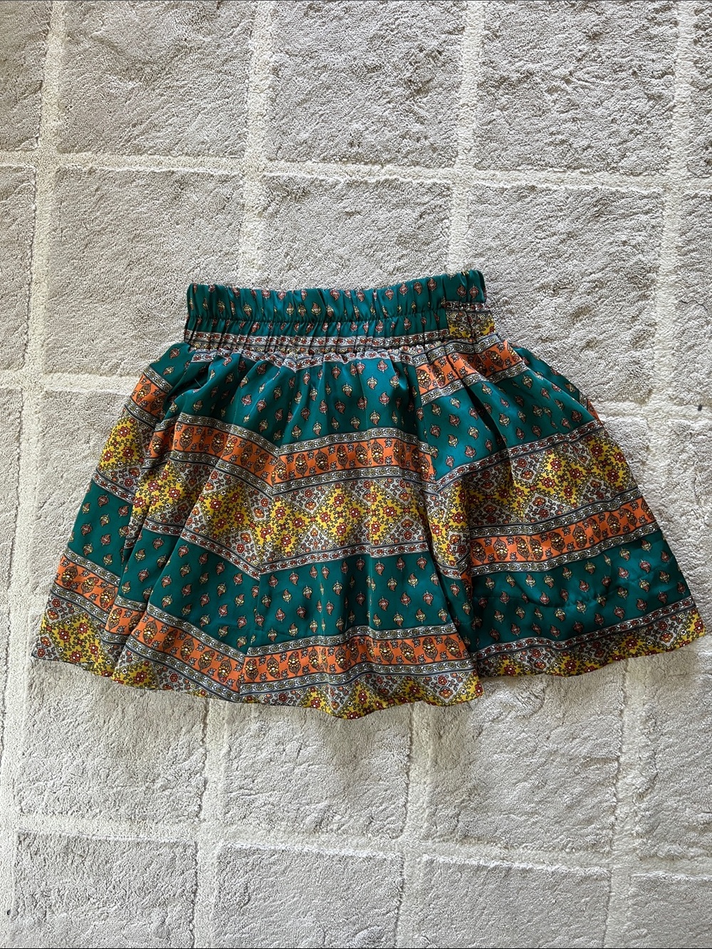 Lush Teal Floral Tiered Skater Skirt with Orange Accents